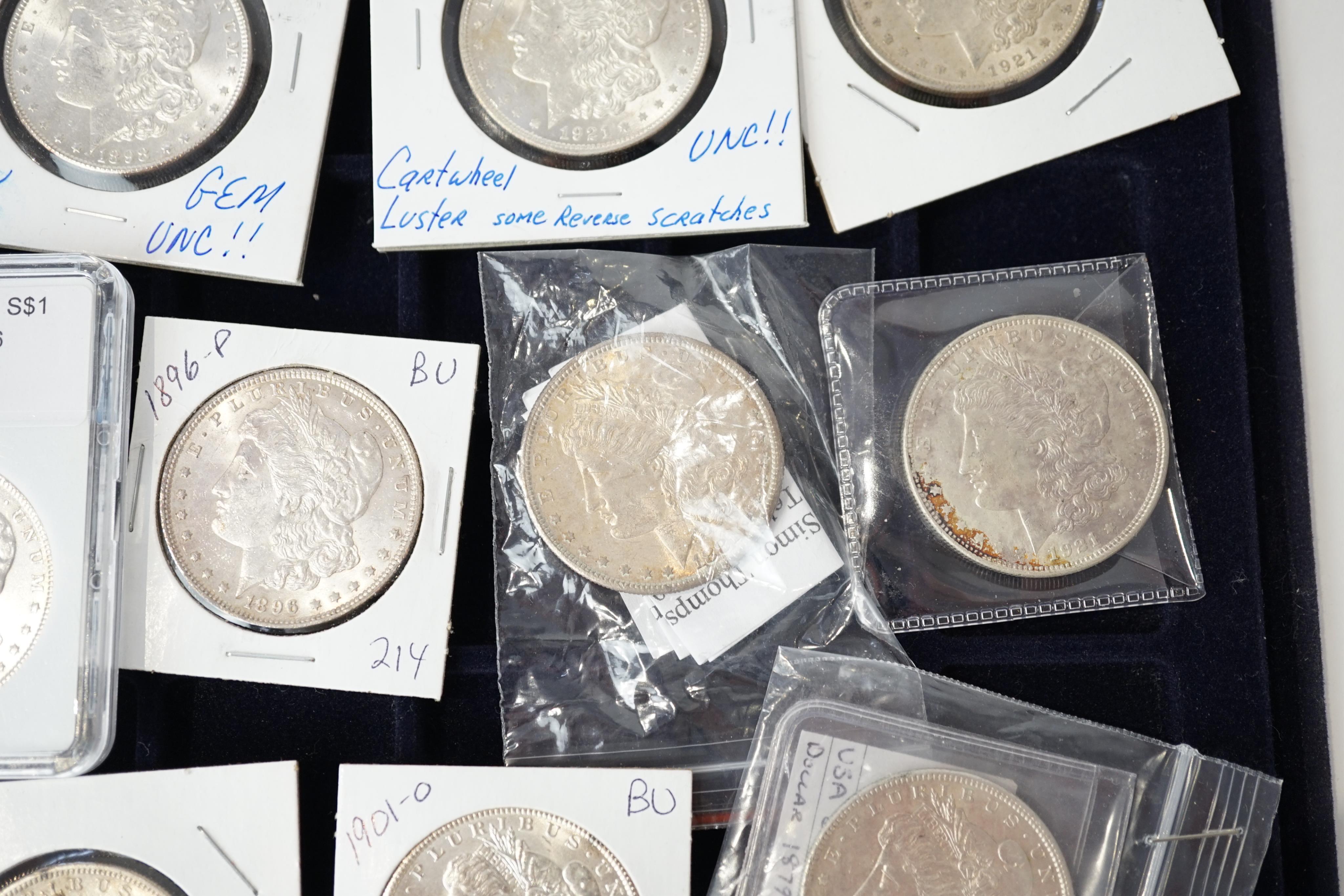USA silver coins, 15 Morgan dollars; 1879, 1880, 1881, 1883, 1893, 1896, 1897, 1898 x 2, 1900, 1901 x 2, 1921 x 3, good VF to UNC